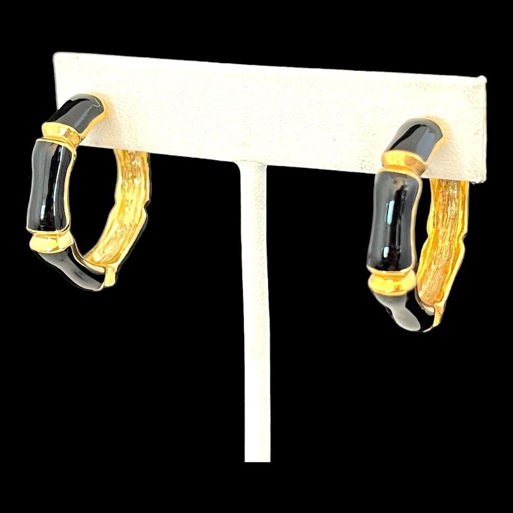 Vintage 1980s Earrings Gold Tone Black Enamel Bamboo Hoop - 13O